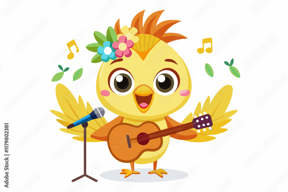 Naklejka premium Cute Cartoon Baby Chick with Flower Crown and Colorful Feathers – Adorable Springtime Character Illustration