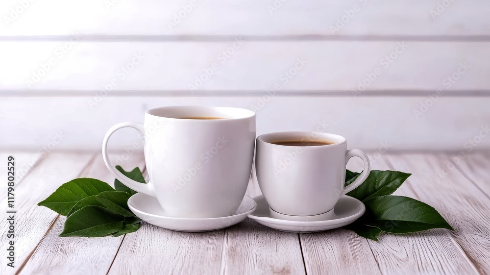 Two white coffee cups, one large and one small, sit on a wooden surface surrounded by green leaves, evoking a cozy, inviting atmosphere. Two white coffee cups, one large and one small, sit on a wooden surface surrounded by green leaves, evoking a cozy, inviting atmosphere.