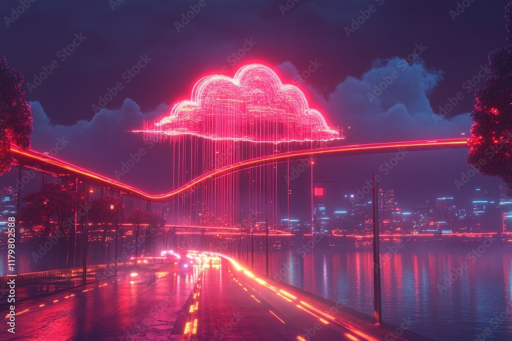 Obraz premium Futuristic Cityscape at Night With Neon Cloud Design and Glowing Roads Reflecting Lights from Modern Skyscrapers and Urban Landscape in Vibrant Colors