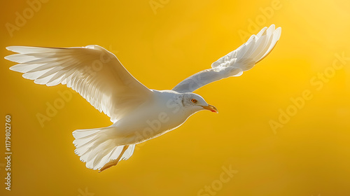 Seagull flying on sky isolated on yellow background
