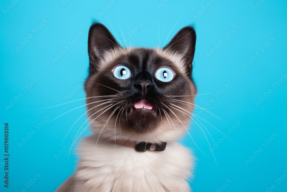 Fototapeta premium Portrait of a funny balinese cat isolated on pastel teal background