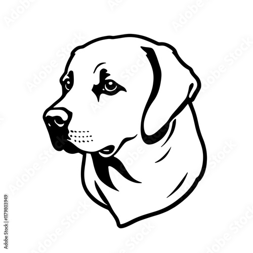 Head of a LabradorRetriever dog with a friendly expression in a black and white illustration

