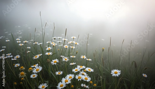 Fototapeta Naklejka Na Ścianę i Meble -  Misty Meadow Daisies Soft Light Serene Field Grass