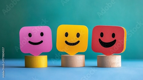 Colorful wooden smiley faces on display in a creative studio setting