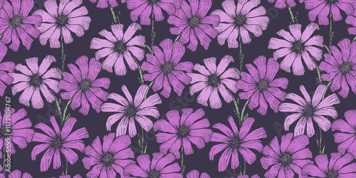 Bright purple and lilac seamless pattern with delicate engraved chamomile flowers. Vintage hand drawn print of beautiful violet daisy flower for textile, wrapping paper, surface, background