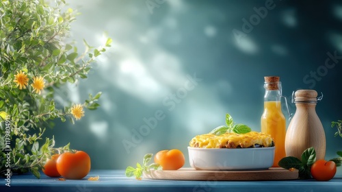 Delicious Homemade Shepherd s Pie in Rustic Setting with Fresh Herbs and Tomatoes photo