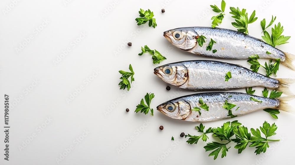 Freshly prepared sardines with parsley and peppercorns on a clean surface Freshly prepared sardines with parsley and peppercorns on a clean surface