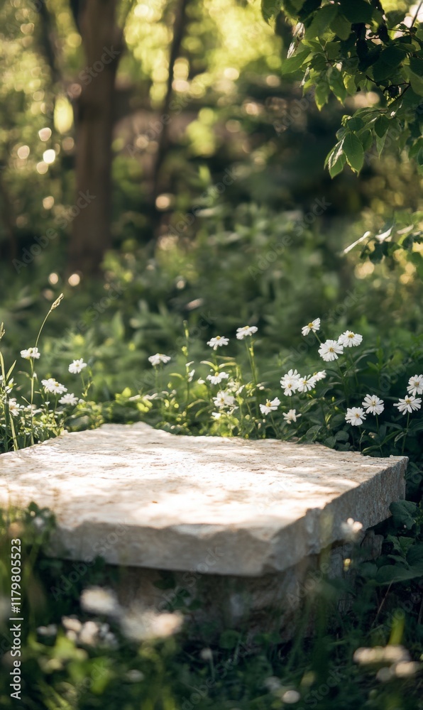 Obraz premium A polished stone slab podium in a tranquil garden, surrounded by dense greenery, small white flowers, and soft natural light