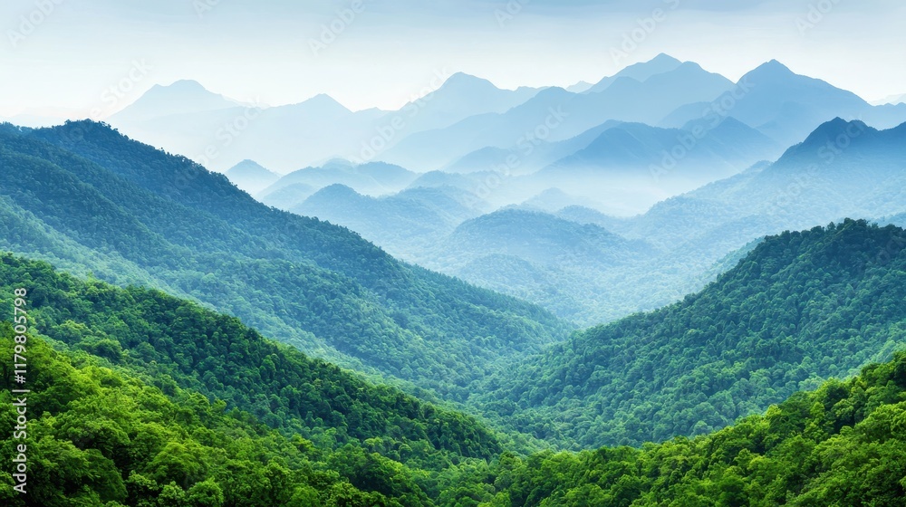 Fototapeta premium A serene mountain landscape showcasing lush greenery and misty peaks, illustrating the beauty of nature's tranquility.