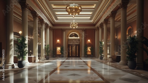 Grand Hallway with Colonnades and Gilded Accents Illuminating a Luxurious Space photo