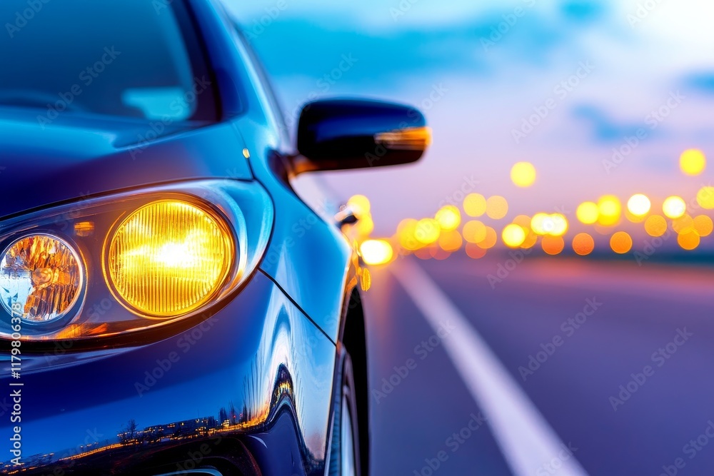 Fototapeta premium Close-up Headlight Modern Car Selective Focus - Modern car headlight glows brightly, symbolizing innovation, technology, safety, journey, and progress. Night driving scene.