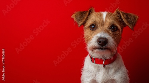 Cute brown and white dog posing against a vibrant red background indoors