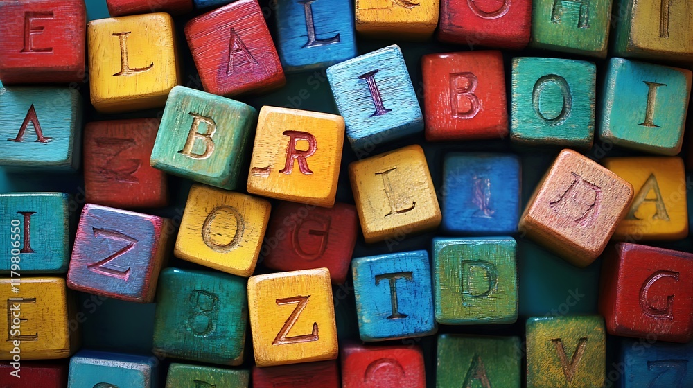 Close-up of colorful wooden blocks with letters A-Z for educational play