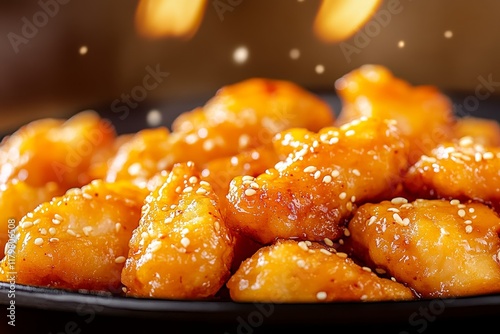 Closeup of Crispy Korean Fried Chicken with Sesame Seeds - Golden, crispy Korean fried chicken pieces coated in a sweet and savory glaze, sprinkled with sesame seeds.  A delicious, savory, and satisfy photo