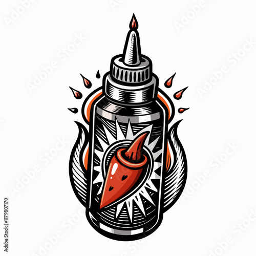 Spicy Ink Bottle Illustration with Hot Pepper Design and Flame Accents