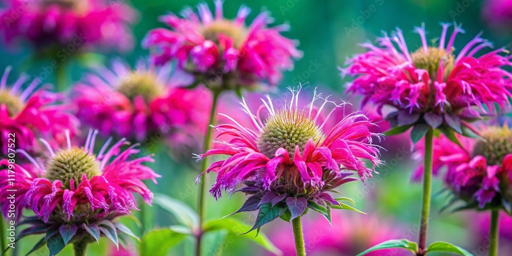 Macro Pink Bee Balm Flower Close Up with Blue Thistle Background - Garden Bloom Macro Pink Bee Balm Flower Close Up with Blue Thistle Background - Garden Bloom