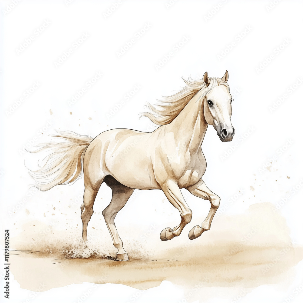 Illustration of the Mustang horse running towards through prairie, soft watercolor tones, white background, detailed illustration, cartoonish. Illustration of the Mustang horse running towards through prairie, soft watercolor tones, white background, detailed illustration, cartoonish.