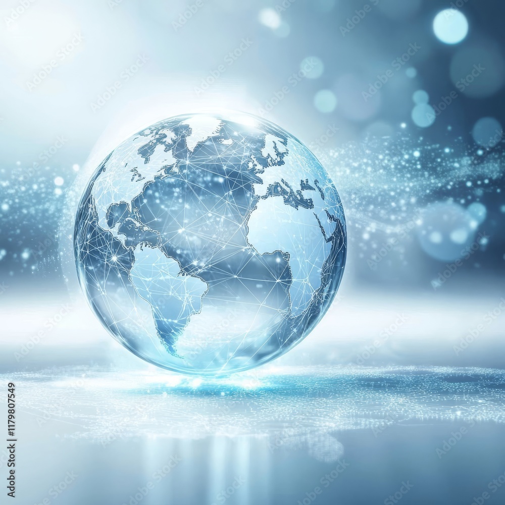 A holographic world representation highlights global connections among countries, against a calming blue background, symbolizing technology and connectivity among diverse populations A holographic world representation highlights global connections among countries, against a calming blue background, symbolizing technology and connectivity among diverse populations