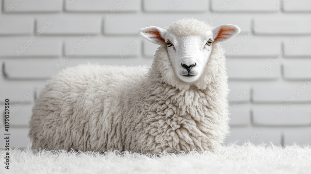 Obraz premium Fluffy sheep grazing peacefully on soft surface against white background, exuding calm and serene atmosphere