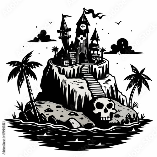 Mysterious Island with Spooky Castle and Skull Cliff in Monochrome Art