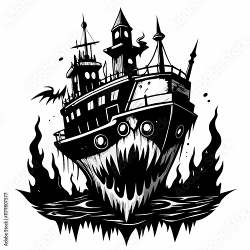 Haunted Ship Illustration Grayscale Ghost Vessel Emerging from Fiery Depths