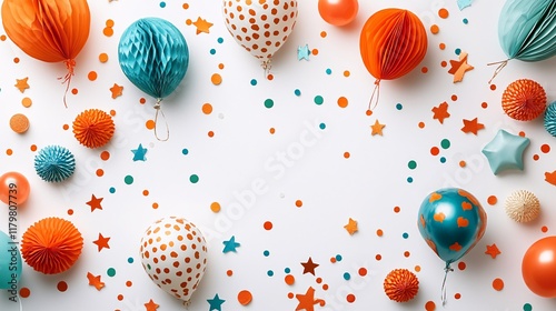 Colorful party decorations with balloons and confetti for a festive celebration