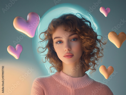Young beautiful girl looking like a model in the city center, in front of a pastel wall background in a love rozon sweater with a huge heart shaped balloon. Illustration. Generative AI photo