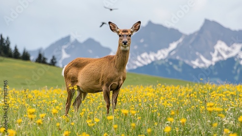 A deer stands gracefully in a vibrant field of flowers, with majestic mountains in the background under a clear sky.
