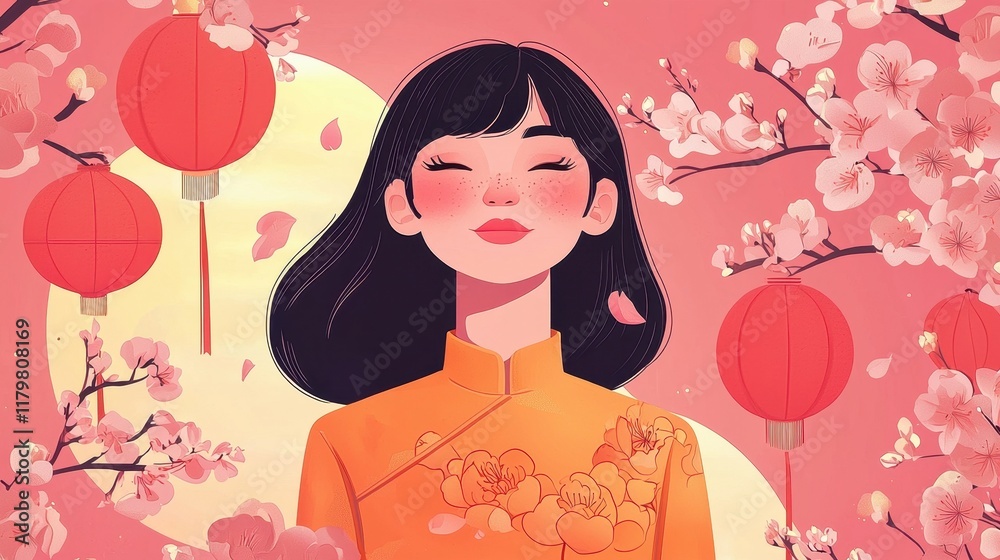 Serene young woman in traditional dress against a backdrop of pink blossoms and lanterns, symbolizing peace, beauty, and cultural heritage in a vibrant illustration. Serene young woman in traditional dress against a backdrop of pink blossoms and lanterns, symbolizing peace, beauty, and cultural heritage in a vibrant illustration.