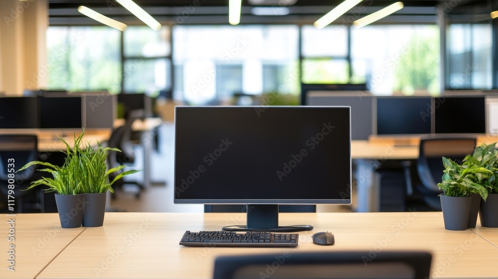 Modern office workspace with empty computer screen, keyboard, mouse, and plants. Modern office workspace with empty computer screen, keyboard, mouse, and plants.