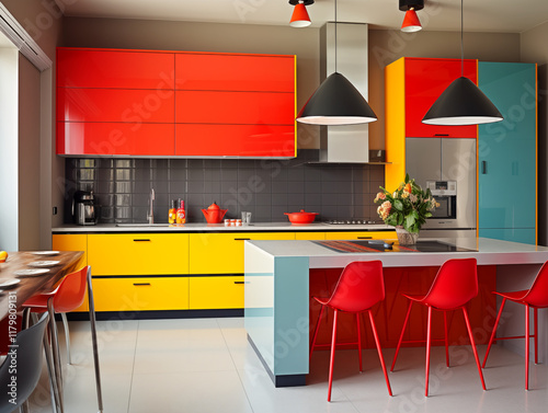 Modern bright colorblock kitchen interiors using bold and bright colors. Bright kitchen interior. photo