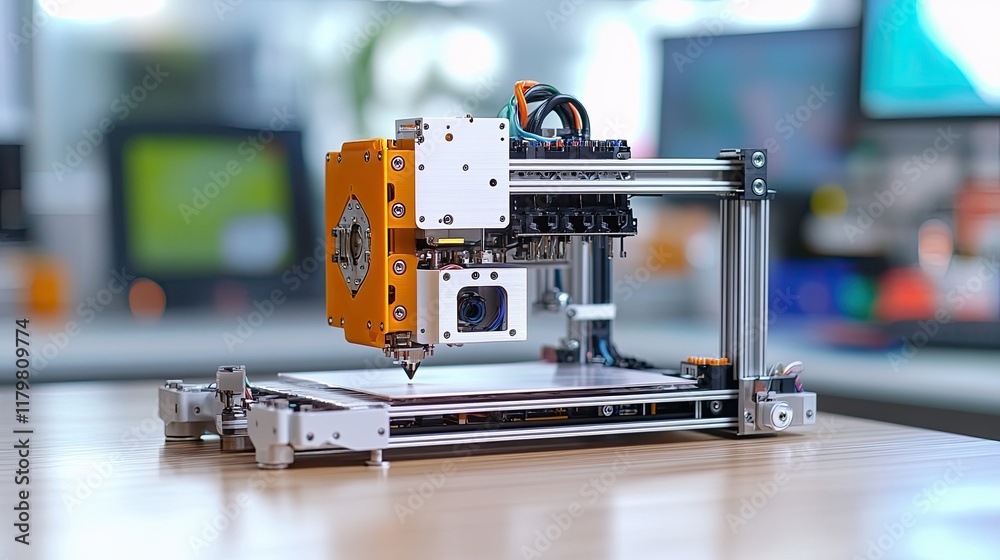 Fototapeta premium 3D printer located in a modern workspace called a makerspace during daylight hours