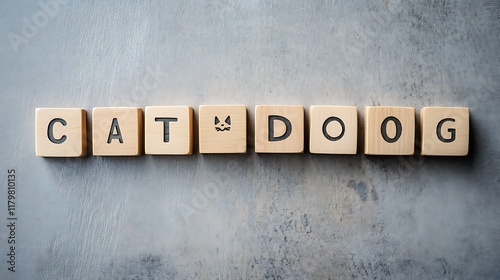 A flat-lay of wooden word blocks with basic words like CAT and DOG on a clean surface photo