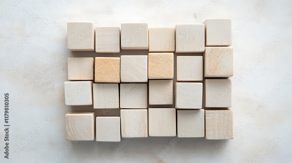A creative arrangement of wooden blocks with simple words on a soft, neutral surface A creative arrangement of wooden blocks with simple words on a soft, neutral surface