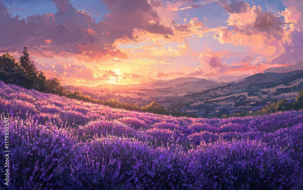 A picturesque lavender field in full bloom under a soft pastel sunset A picturesque lavender field in full bloom under a soft pastel sunset