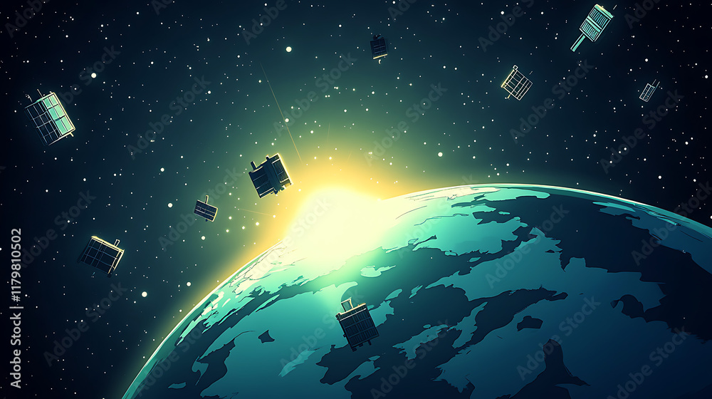 Fototapeta premium A vibrant illustration of Earth with satellites orbiting in space, highlighting technology and exploration.