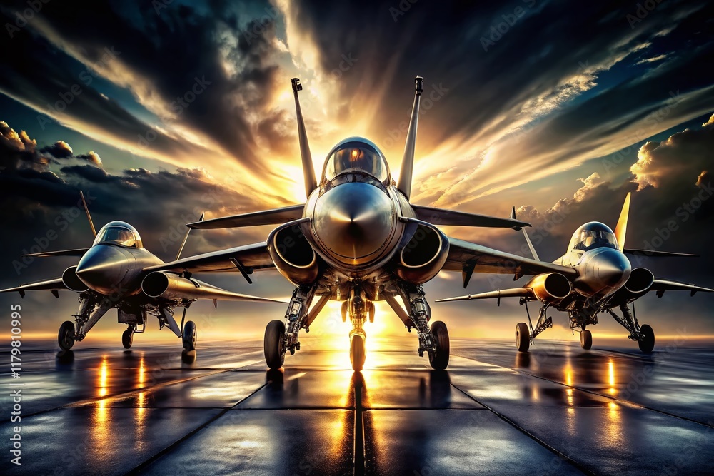 Fototapeta premium Macro Silhouettes of Four Military Jet Fighters, Detailed Metal & Wings