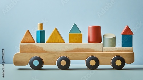 A wooden truck with removable geometric blocks arranged for playtime photo