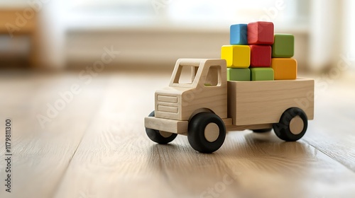 A wooden toy truck loaded with brightly colored blocks, placed on a light wooden floor