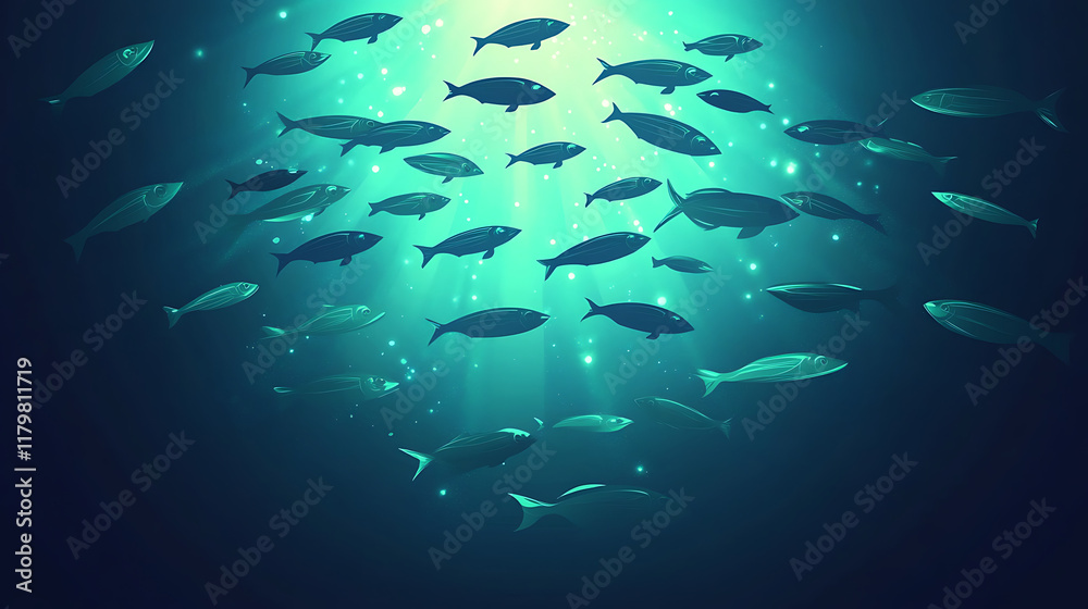 A serene underwater scene depicting a school of fish swimming in illuminated water. A serene underwater scene depicting a school of fish swimming in illuminated water.