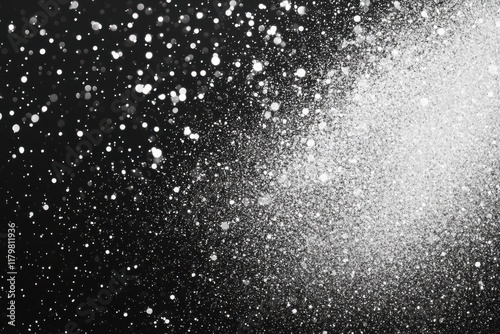 White Silver Gold Glitter Dust. Shiny Particles Festive. Glittering white, silver, and gold particles create a festive backdrop, adding elegance and charm to any celebration.