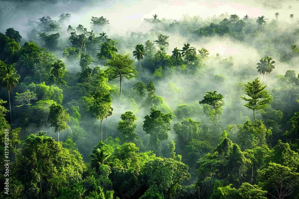 Obraz premium Lush Green Forest with Dense Fog and Mystical Atmosphere Showcasing the Beauty of Nature at Dawn in a Tropical Rainforest Landscape