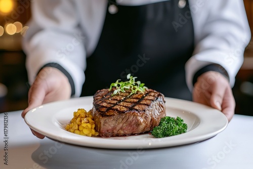 Grilled Steak Dinner Plate - Delicious grilled steak, served with polenta and garnish, presented by a chef, symbolizing culinary excellence, fine dining, delicious food, skillful preparation, and gour photo