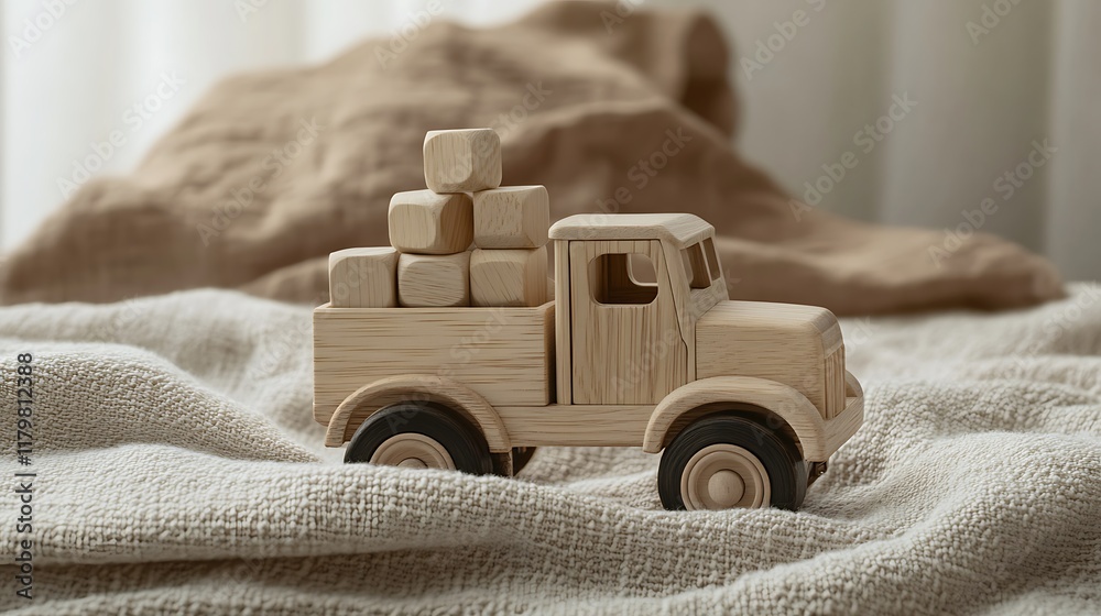A natural wood-finished toy truck with blocks displayed on a soft, neutral fabric