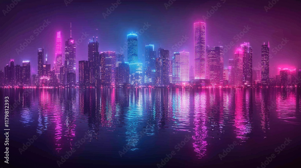 Fototapeta premium Neon Cityscape Night Reflection Waterfront Skyline.