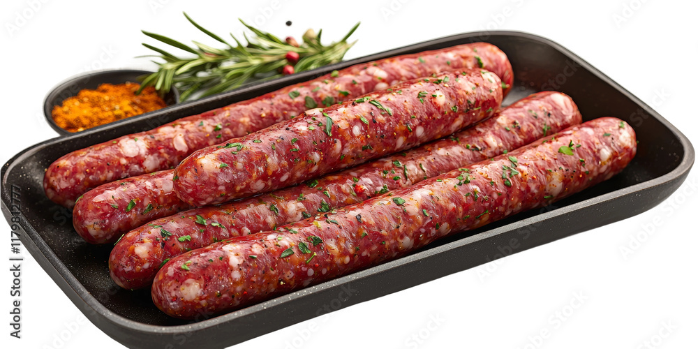 Fresh Sausages on Black Tray with Spices and Herbs Isolated on transparent background Fresh Sausages on Black Tray with Spices and Herbs Isolated on transparent background