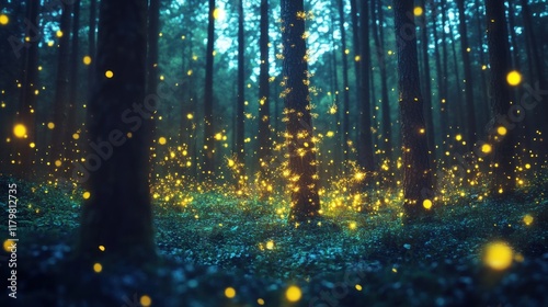 Mystical forest illuminated by fireflies.  glowing, enchanting, magical,  night, nature,  glowing insects,  forest floor,  trees,  dark,  light,  bioluminescence,  wildlife,  natural beauty,  sparklin photo