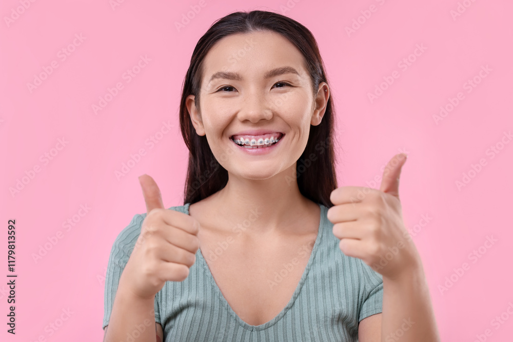 Woman with beautiful nose showing thumbs up on pink background. Rhinoplasty surgery Woman with beautiful nose showing thumbs up on pink background. Rhinoplasty surgery