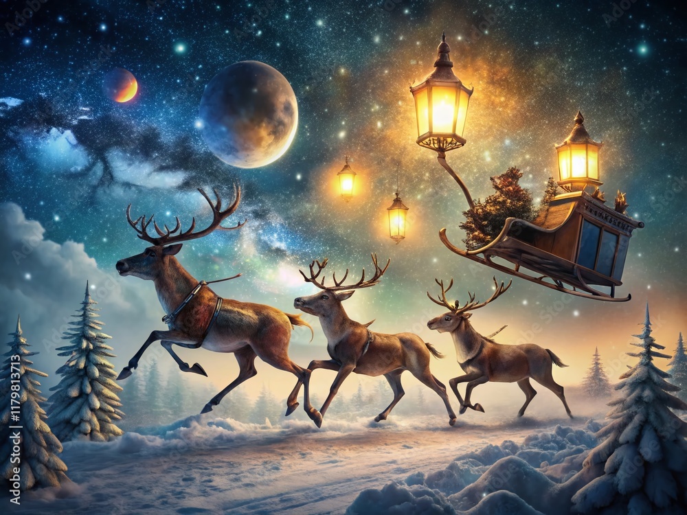 Magical Christmas Eve: Santa's Sleigh and Reindeer in Low Light Magical Christmas Eve: Santa's Sleigh and Reindeer in Low Light