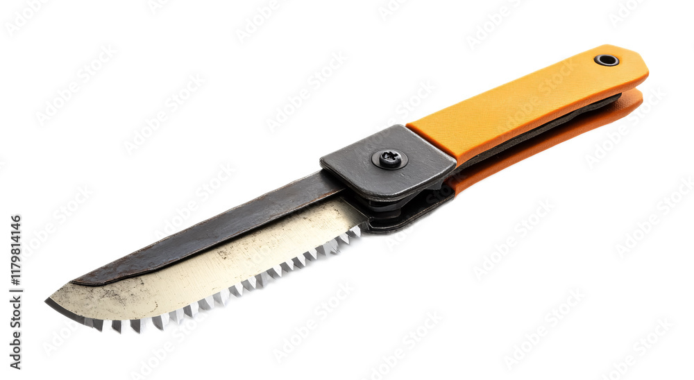Camping Folding Saw for Easy Outdoor Cutting - Isolated on White Background Camping Folding Saw for Easy Outdoor Cutting - Isolated on White Background